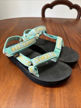 Teva Light Blue Strappy Sandals with Yellow Pattern